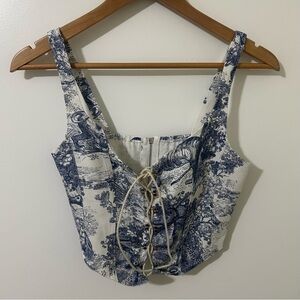 Cider | Blue and White Lace-Up Corsey Sleeveless Crop Top | Size Small